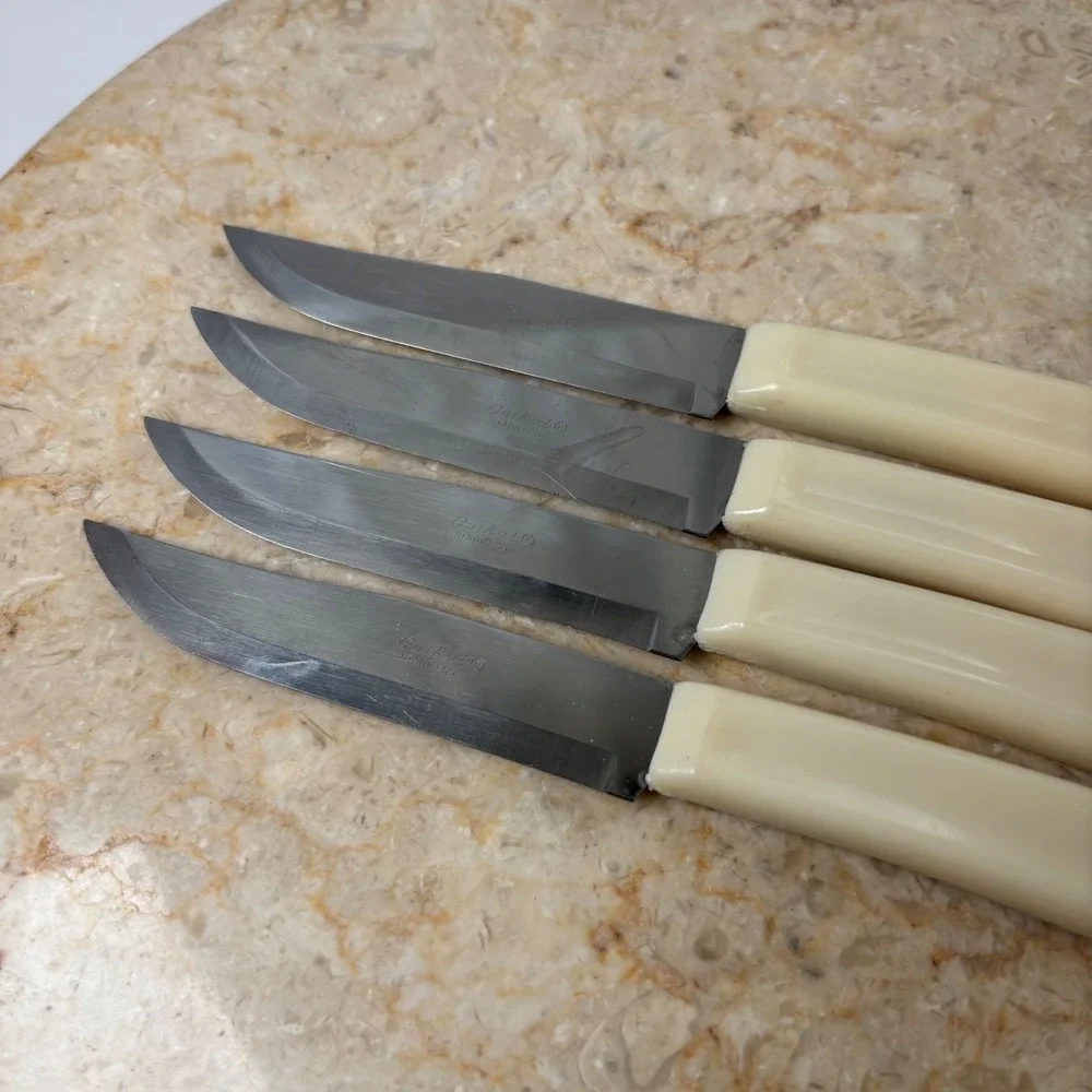 Quikut Steak Knives Set of 4 Cream White Vintage‎ Mid Century Modern Stainless